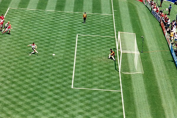 Lothar Matthäus scoring a penalty kick in Germany's quarter-final against Bulgaria at Giants Stadium on July 10. Bulgaria came back to win the game.