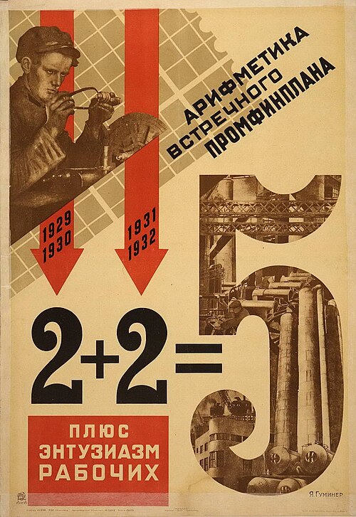 A 1931 poster for the first five-year plan of the Soviet Union by Yakov Guminer [ru] reading "The arithmetic of an industrial-financial counter-plan: 