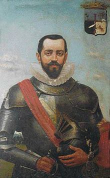 A portrait of conquistador Ñuflo de Chaves, showing his coat of arms in the upper right corner