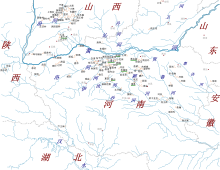 二里头文化遗址分布图，集中于豫西伊洛嵩地与晋南汾河下游二处