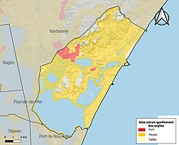 Carte des zones d'aléa retrait-gonflement des sols argileux de Gruissan.