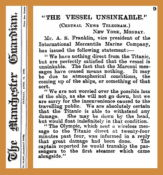 The IMM company vice president released a statement following the sinking of the RMS Titanic, assuring that despite the lack of communication from the