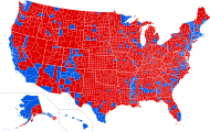 Eredmények megyékre lebontva. A piros szín Donald Trumpot. a kék Hillary Clintont jelzi.