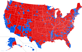 نتایج براساس شهرستان. قرمز برای ترامپ، آبی برای کلینتون