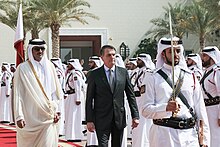 Emir Tamim bin Hamad Al Thani with president of Brazil Jair Bolsonaro in October 2019. 2019 Cerimonia Oficial de Chegada - 48976608931.jpg