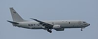 A US Navy P-8 Poseidon, tail number 168756, on final approach at Kadena Air Base in Okinawa, Japan.