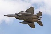 An F-15C Eagle, tail number 86-0175, taking off from RAF Lakenheath in the United Kingdom. The aircraft is assigned to the 493rd Fighter Squadron in the United States Air Force.