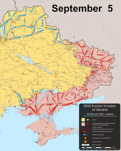 Animated map of phase 3 of the Russian invasion from 5 September to 23 February (every third day) 2022 Russian Invasion of Ukraine Phase 3 animated (cropped).gif