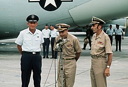 February 12, 1973: First repatriation of Vietnam prisoners of war begins (pictured, U.S. POWs Captain Jeremiah Denton and Captain James Mulligan, released after more than six years captivity) 330-CFD-DD-ST-99-04312 (24294351874).jpg