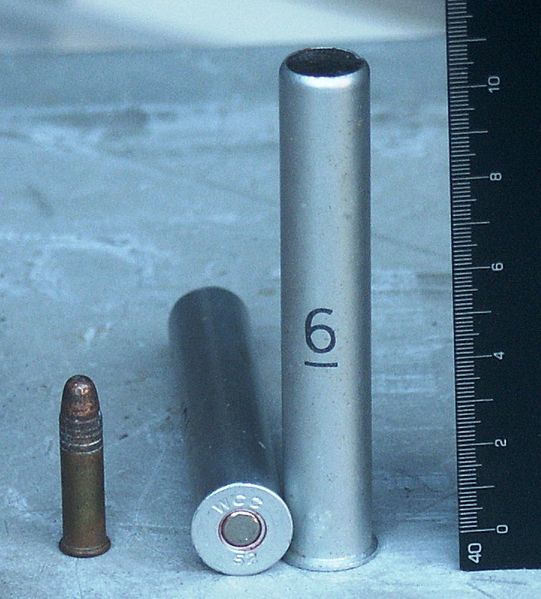 .410-bore M-35 shotgun shells for M6 survival rifle with .22 long rifle for comparison