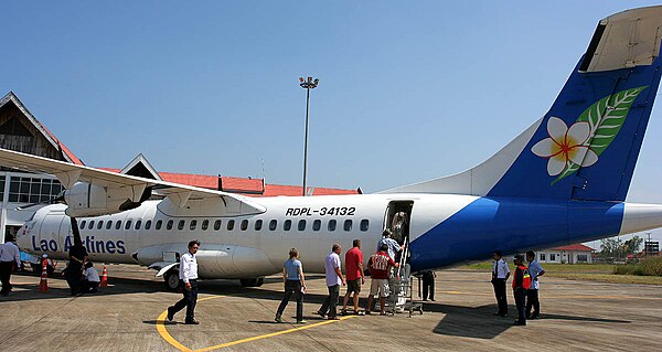 Lao Airlines ATR 72-200 (RDPL-34132) with plumeria livery at Pakse International Airport, Laos