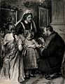 Un médecin vaccinant une petite fille, d'autres filles aux blouses desserrées attendent leur tour avec appréhension par Lance Calkin