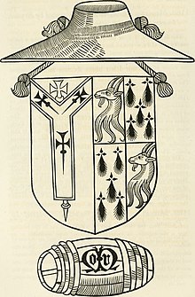 The arms of Archbishop Morton as printed by Richard Pynson Aedes Althorpianae; or, Account of the mansion, books, and pictures, at Althorp; the residence of George John, earl Spencer, K.G. To which is added a supplement to the Bibliotheca Spenceriana (1822) (14755724696).jpg