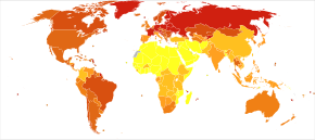 Alcohol use disorders deaths per million persons in 2012
.mw-parser-output .div-col{margin-top:0.3em;column-width:30em}.mw-parser-output .div-col-small{font-size:90%}.mw-parser-output .div-col-rules{column-rule:1px solid #aaa}.mw-parser-output .div-col dl,.mw-parser-output .div-col ol,.mw-parser-output .div-col ul{margin-top:0}.mw-parser-output .div-col li,.mw-parser-output .div-col dd{page-break-inside:avoid;break-inside:avoid-column}
.mw-parser-output .legend{page-break-inside:avoid;break-inside:avoid-column}.mw-parser-output .legend-color{display:inline-block;min-width:1.25em;height:1.25em;line-height:1.25;margin:1px 0;text-align:center;border:1px solid black;background-color:transparent;color:black}.mw-parser-output .legend-text{}
0-0
1-3
4-6
7-13
14-20
21-37
38-52
53-255 Alcohol use disorders world map-Deaths per million persons-WHO2012.svg