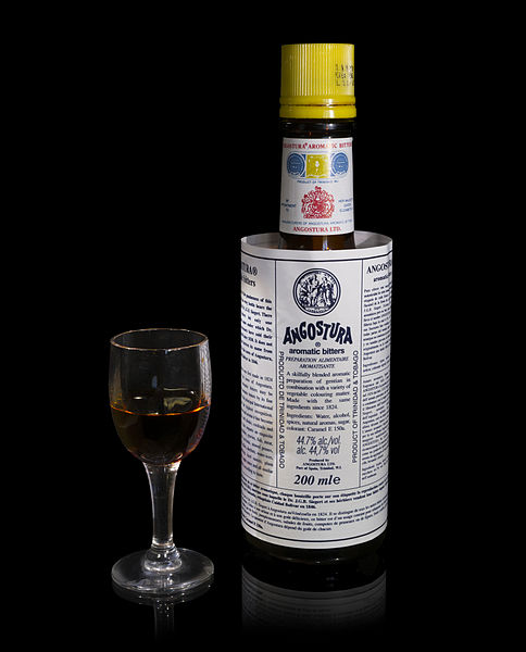 A bottle of Angostura aromatic bitters with its distinctive, over-sized label