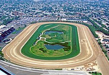 Aerial view of Aqueduct's main track, inner dirt track and turf course, 2010 Aqueduct Racetrack.jpg