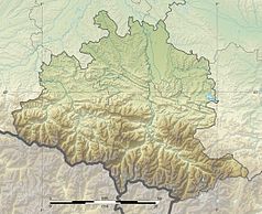 Mapa konturowa Ariège, na dole nieco na prawo znajduje się punkt z opisem „źródło”, powyżej na prawo znajduje się również punkt z opisem „ujście”