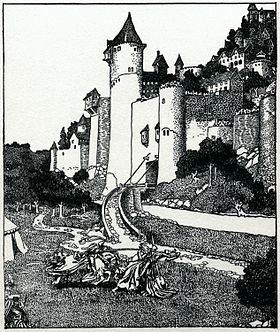 Ilustracija knjige Howarda Pyla - The Story of King Arthur and His Knights dva viteza bore se ispred zamka Cameliard