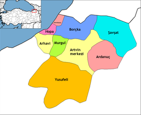 Mapa dos distritos da província de Artvin