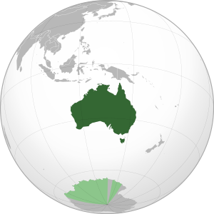 Australia maailman kartalla.  Vaaleanvihreä tarkoittaa Australian Etelämanneraluetta, joka on Australian omistama.
