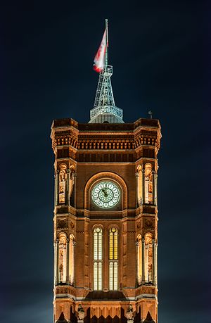 Moonlight view of the Rotes Rathaus (Red City Hall), town hall of Berlin, capital of Germany.