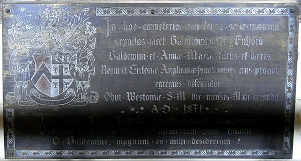 Monumental brass in Dunsford Church, Devon, erected by Anna Isabella Giles to her husband Col. Baldwin Fulford (1801–1871), displaying the arms of Gil