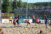 Deutsch: Beachhandball Europameisterschaften 2019 (Beach handball Euro); Tag 1: 2. Juli 2019 – Männer, Vorrunde Gruppe D, Frankreich-Montenegro 2:0 (19:7, 18:9) English: Beach handball Euro; Day 1: 2 July 2019 – Men Preliminary Round Group D – France-Montenegro 2:0 (19:7, 18:9)