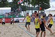 Deutsch: Beachhandball Europameisterschaften 2019 (Beach handball Euro); Tag 2: 3. Juli 2019 – Männer, Vorrunde Gruppe B, Russland-Dänemark 2:0 (22:16, 21:17) English: Beach handball Euro; Day 2: 3 July 2019 – Women Preliminary Round Group A – Men Preliminary Round Group B – Russia-Denmark 2:0 (22:16, 21:17)