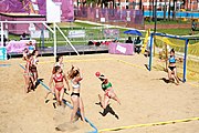 Deutsch: Beachhandball bei den Olympischen Jugendspielen 2018; Tag 3, 9. Oktober 2018; Mädchen, Vorrunde, Gruppe A - Kroatien-Ungarn 0:2 English: Beach handball at the 2018 Summer Youth Olympics at 9 October 2018 – Girls Preliminary Round Group A‎ – Croatia-Hungary 0:2