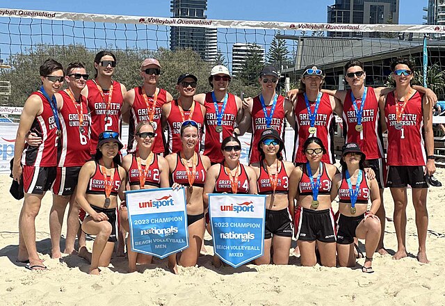 Griffith University's Beach Volleyball Team at the UniSport Nationals 2023 held on the Gold Coast, Queensland.