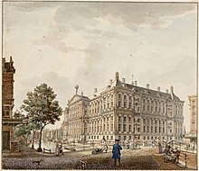 The southside of the Amsterdam townhall, where the Wisselbank was located. Print by Jan de Beijer (1758) Beijer, Jan de (1703-1780), Afb 010001000435.jpg