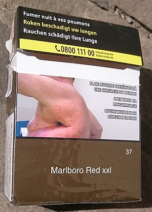 Graphic cigarette packaging in Belgium labelled 'open wound following lung surgery'