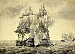 Battle of Cape Finisterre, 1761. Brilliant is engaged with Maliceuse and Hermione at far right. From a painting by H. Fletcher, c.1890 Bellona & Courageux 1761.jpg