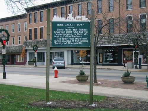 Historical marker in downtown Bellefontaine marking the site of Blue Jacket's Town