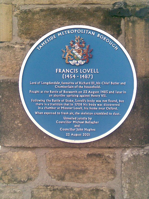 Plaque to Francis Lovell at Mottram in Longendale. The date of his death is unknown, and may have been after 1487.