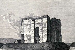 The ruins of Bowes Castle depicted in an engraving of 1785. The first-floor entrance arch is visible at centre; the steps leading to it have gone. Bowes Castle 1785.jpg