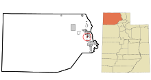 Box Elder County Utah birleşik ve tüzel kişiliğe sahip olmayan alanlar Bear River City vurgulanmıştır.svg