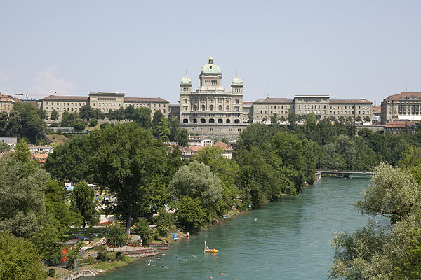 The south side of the Federal Palace, with the river Aare in the foreground