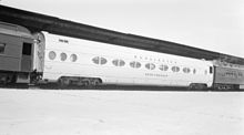 CBQ No. 6000, one of three experimental Pendulum cars, at Vancouver in the 1940s. CBQ 6000 Silver Pendulum in Vancouver 01.jpg