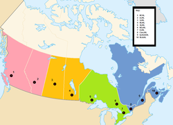 Locations of Regions and Leagues of the CJHL (2021-22 season). CJHL map of Canada.png