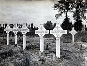 Six graves marked with white crosses located in a muddy field with trees in the background.