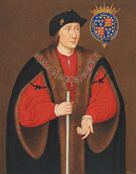 Charles Somerset, 1st Earl of Worcester holding white staff of Lord Chamberlain of the Household to King Henry VIII