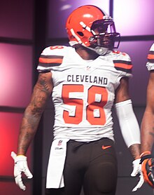 Kirksey with the Browns in 2015 Christian Kirksey Cleveland Browns New Uniform Unveiling (17153806041).jpg