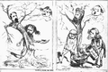 Romania: Anti-dynasty cartoon, published in Ghimpele in 1872, and illustrating the differences of opinion inside the liberal camp. Left panel: Alexander John Cuza betrayed by Ion Brătianu; right panel: Carol I of Romania, supported by Otto von Bismarck and Brătianu