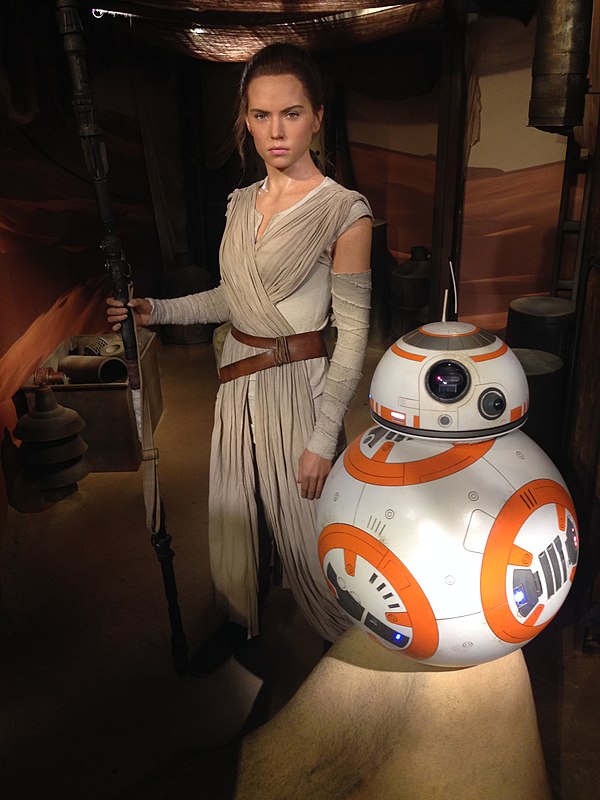 Waxwork of Ridley as Rey (and the droid BB-8) at Madame Tussauds, London