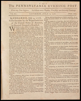 প্রথম সংবাদপত্র মুদ্রণ এর স্বাধীনতার ঘোষণা পেনসিলভানিয়া সান্ধ্য পোস্ট (1776)