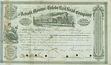 Share of the Detroit, Monroe and Toledo Rail Road Company, issued 1 January 1857 Detroit, Monroe and Toledo RR 1857.jpg