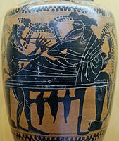 Фрагмент лекіфа: сатир розважає Діоніса грою на авлосі
