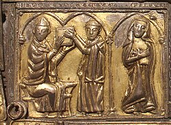Lower left hand panel with scribe handing a book shrine to a cleric