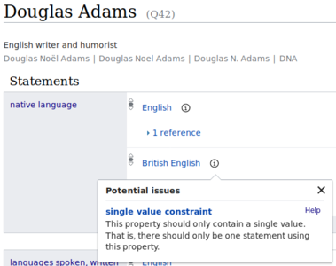 A constraint violation on the Wikidata item for Douglas Adams (Q42). The item has two “native language” statements, “English” and “British English”; the constraint violation message points out that it should only have one (single value constraint).